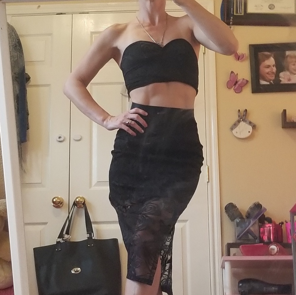 Bebe small two piece silk and lace set